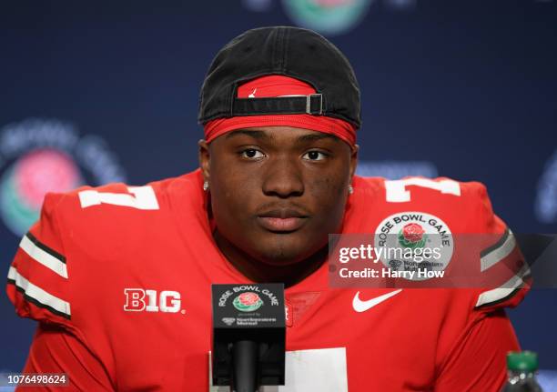 Dwayne Haskins of the Ohio State Buckeyes speaks to the media after winning the Rose Bowl Game presented by Northwestern Mutual at the Rose Bowl on...