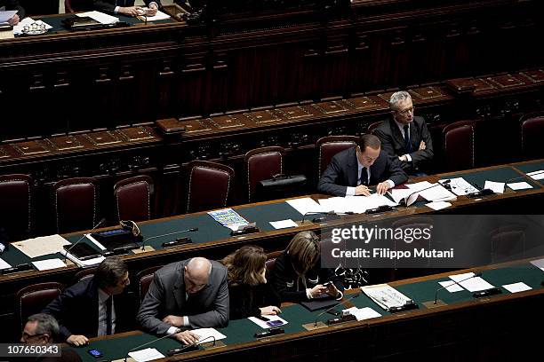 Italian Prime Minister Silvio Berlusconi and Minister Giulio Tremonti attend a session on the vote of confidence to Berlusconi's government at the...