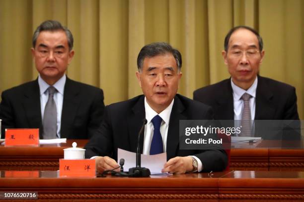 Chinese Politburo Standing Committee member Wang Yang speaks during an event to commemorate the 40th anniversary of the Message to Compatriots in...