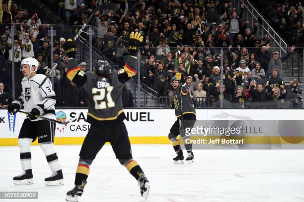Brandon Pirri of the Vegas Golden Knights celebrates with teammate Cody Eakin after scoring a goal against the Los Angeles Kings during a game at...