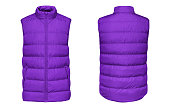 Blank template purple waistcoat down jacket sleeveless with zipped, front and back view isolated on white background. Mockup violet winter sport vest for your design