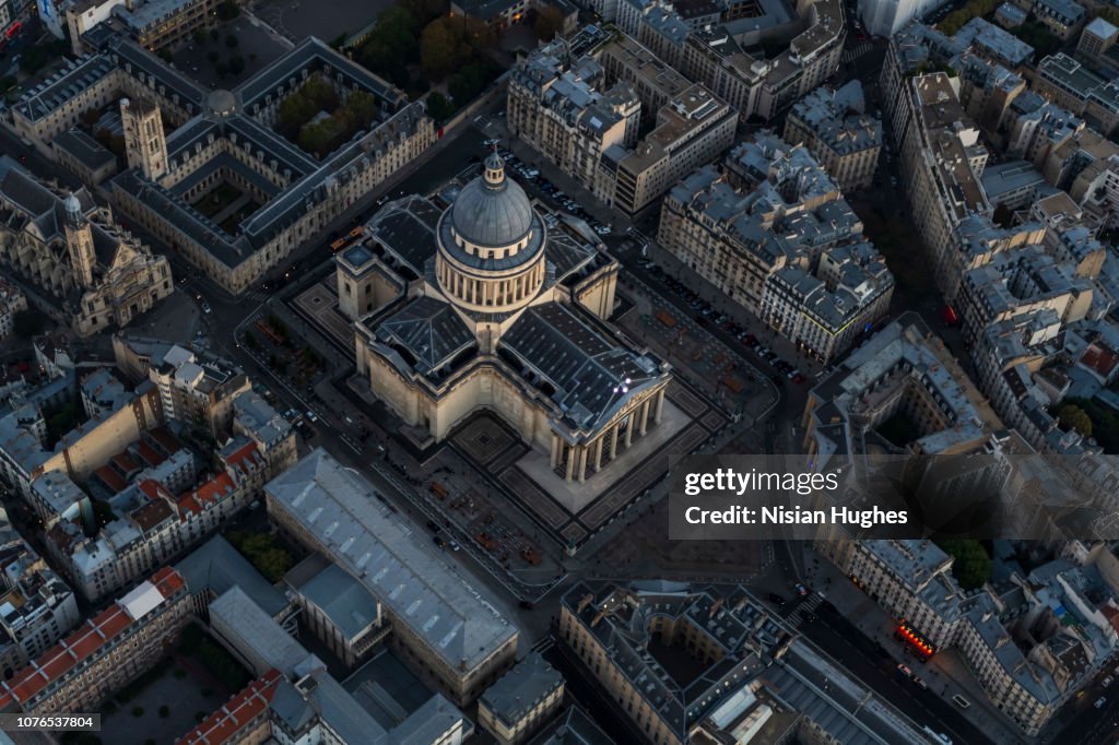 Aerial flying over Panthéon in Paris France