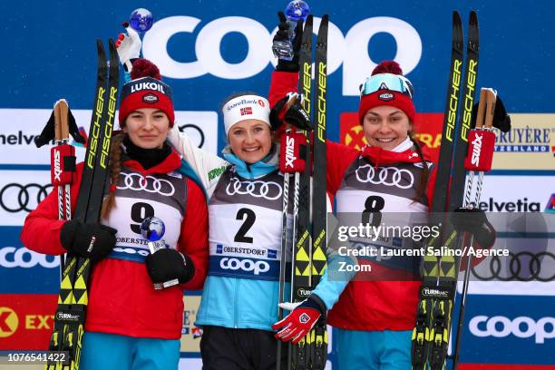 Ingvild Flugstad Oestberg of Norway takes 1st place, Natalia Nepryaeva of Russia takes 2nd place, Anastasia Sedova of Russia takes 3rd place during...