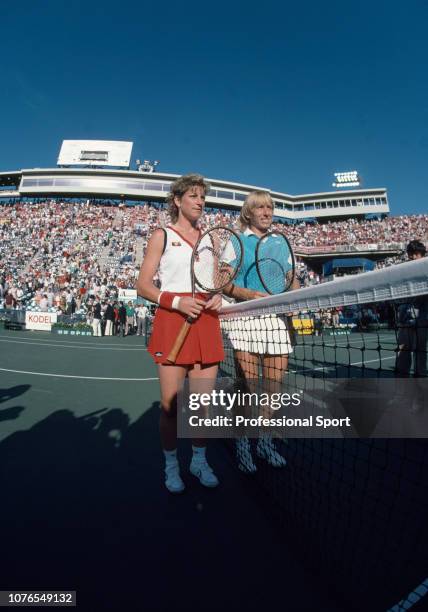 Chris Evert-Lloyd and Martina Navratilova both of the United States pose together ahead of the Women's Singles Final during the US Open at Flushing...