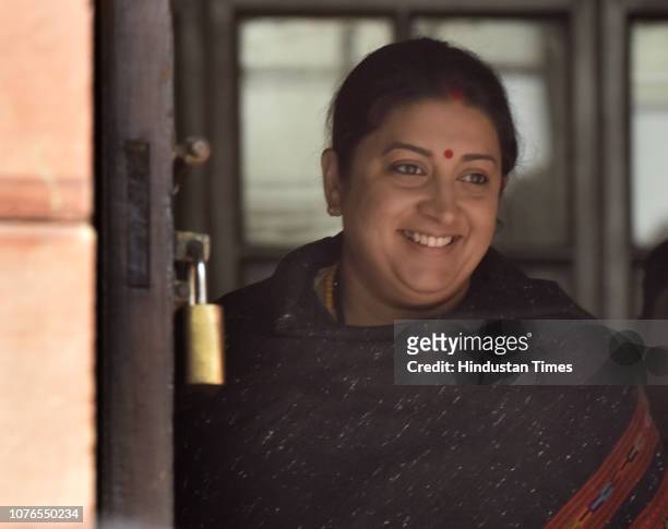 Union Textiles Minister Smriti Irani arrives to attend the Parliament Winter Session on January 2, 2019 in New Delhi, India.