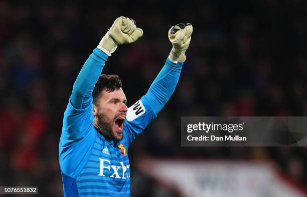 Ben Foster of Watford celebrates as Troy Deeney of Watford scores his team's second goal during the Premier League match between AFC Bournemouth and...