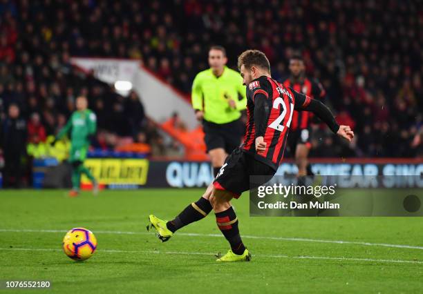 Ryan Fraser of AFC Bournemouth scores his team's third goal during the Premier League match between AFC Bournemouth and Watford FC at Vitality...