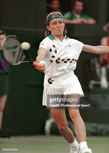 Isabelle Demongeot of France returns the ball against Gabriela Sabatini of Argentina during the Women's Singles second round on day four of the 1992...