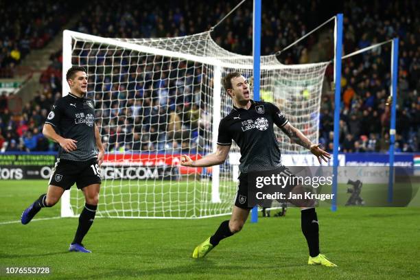 Ashley Barnes of Burnley celebrates after scroing his sides second goal during the Premier League match between Huddersfield Town and Burnley FC at...