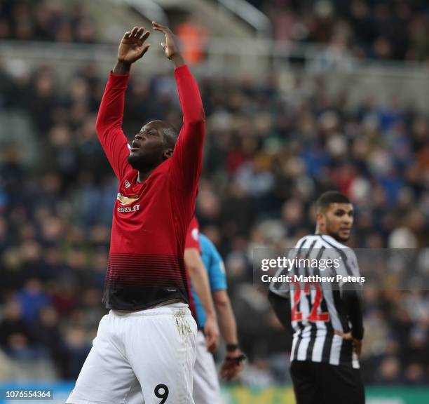 Romelu Lukaku of Manchester United celebrates Marcus Rashford scoring their second goal during the Premier League match between Newcastle United and...