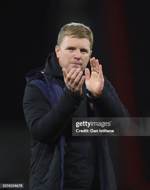 Eddie Howe, Manager of AFC Bournemouth applauds the crowd after the Premier League match between AFC Bournemouth and Watford FC at Vitality Stadium...