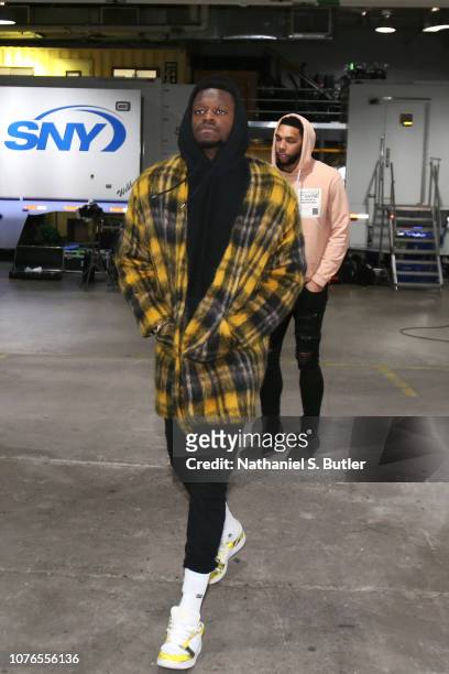 Julius Randle of the New Orleans Pelicans arrives at the arena before the game against the Brooklyn Netson January 2, 2019 at Barclays Center in...
