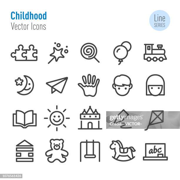 stockillustraties, clipart, cartoons en iconen met jeugd icons - vector line serie - children playing with toys