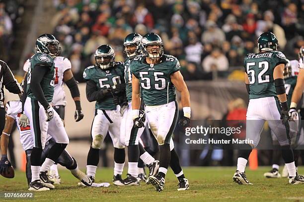 Linebacker Stewart Bradley of the Philadelphia Eagles celebrates a big tackle during a game against the Houston Texans at Lincoln Financial Field on...