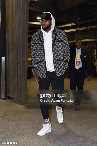 LeBron James of the Los Angeles Lakers arrives before the game against the Oklahoma City Thunder on January 2, 2019 at STAPLES Center in Los Angeles,...