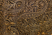 Texture of golden brown genuine leather close-up, with embossed floral trend pattern, wallpaper or banner design