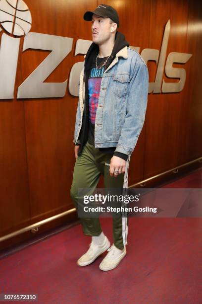 Miles Plumlee of the Atlanta Hawks arrives for the game against the Washington Wizards on January 2, 2019 at Capital One Arena in Washington, DC....