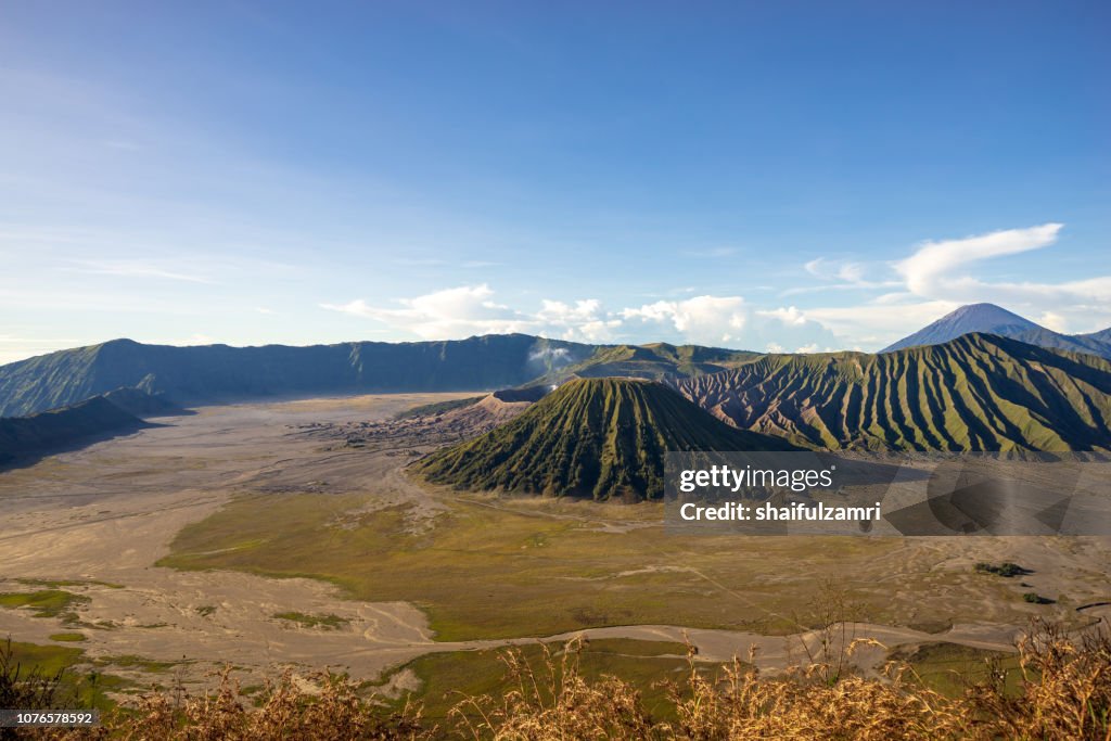 Mount Bromo volcano (Gunung Bromo) during sunrise from viewpoint on Mount Penanjakan, in East Java, Indonesia.