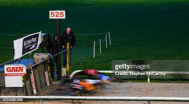 Waterford , Ireland - 3 January 2019; Greyhounds race from the traps during race two, Follow Us on Facebook 525, at Kilcohan Park in Waterford. The...