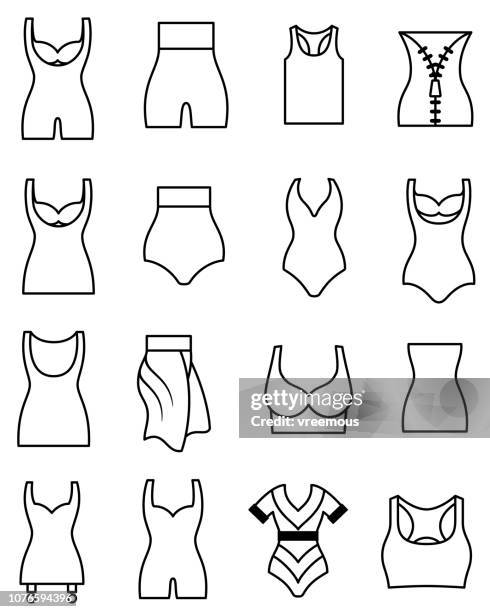 illustrations, cliparts, dessins animés et icônes de shapewear, vêtements d’exercice et icônes de la lingerie. lignes modifiables. - women in girdles