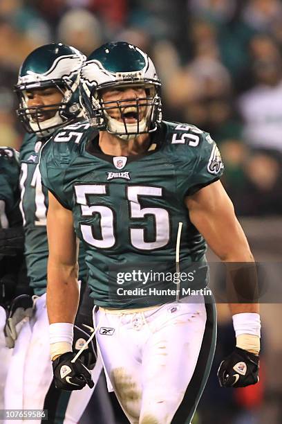 Linebacker Stewart Bradley of the Philadelphia Eagles celebrates a big tackle during a game against the Houston Texans at Lincoln Financial Field on...