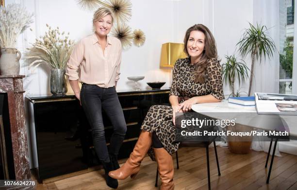 Journalists Anne-Claire Coudray and Anne-Elisabeth Lemoine are photographed for Paris Match on December 21, 2018 in Paris, France.