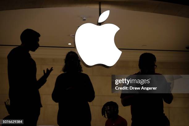 Employees stand in an Apple retail store in Grand Central Terminal, January 3, 2019 in New York City. U.S. Stocks dropped again on Thursday after...