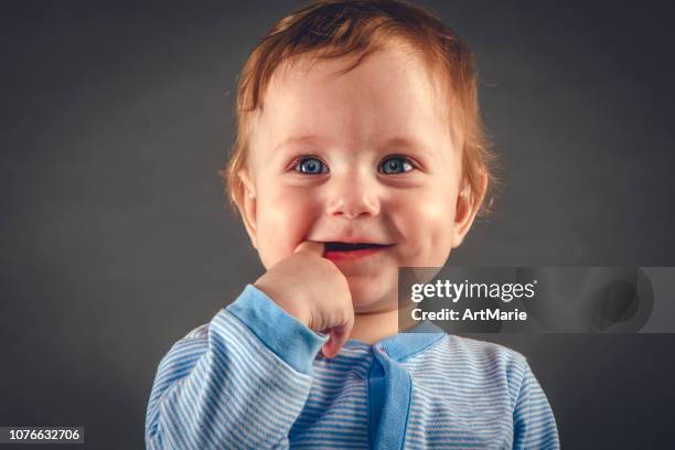 studio portrait of baby boy aged 9 months on grey-blue background - finger in mouth stock pictures, royalty-free photos & images