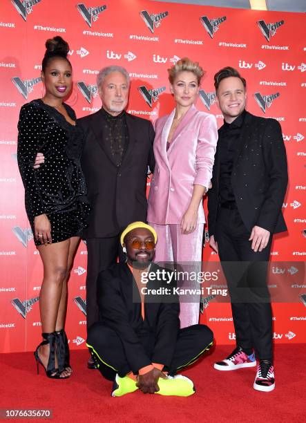 Jennifer Hudson, Sir Tom Jones, Emma Willis, Olly Murs and Will.i.am attend The Voice UK 2019 launch at W Hotel, Leicester Sq on January 3, 2019 in...