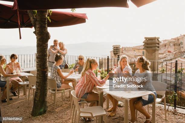 ontspannen met een prachtig uitzicht - friends in restaurant bar stockfoto's en -beelden