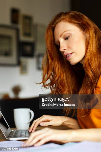 businesswoman working on laptop at home - irish woman stock pictures, royalty-free photos & images