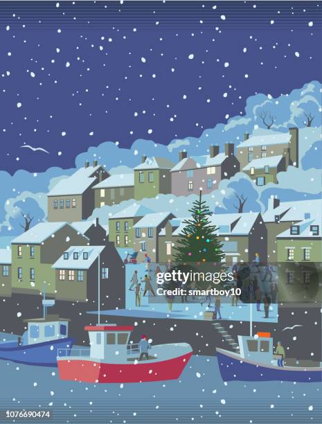 christmas seaside town - promenade stock illustrations