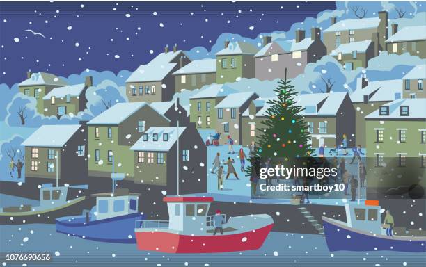 christmas seaside town - snow beach stock illustrations