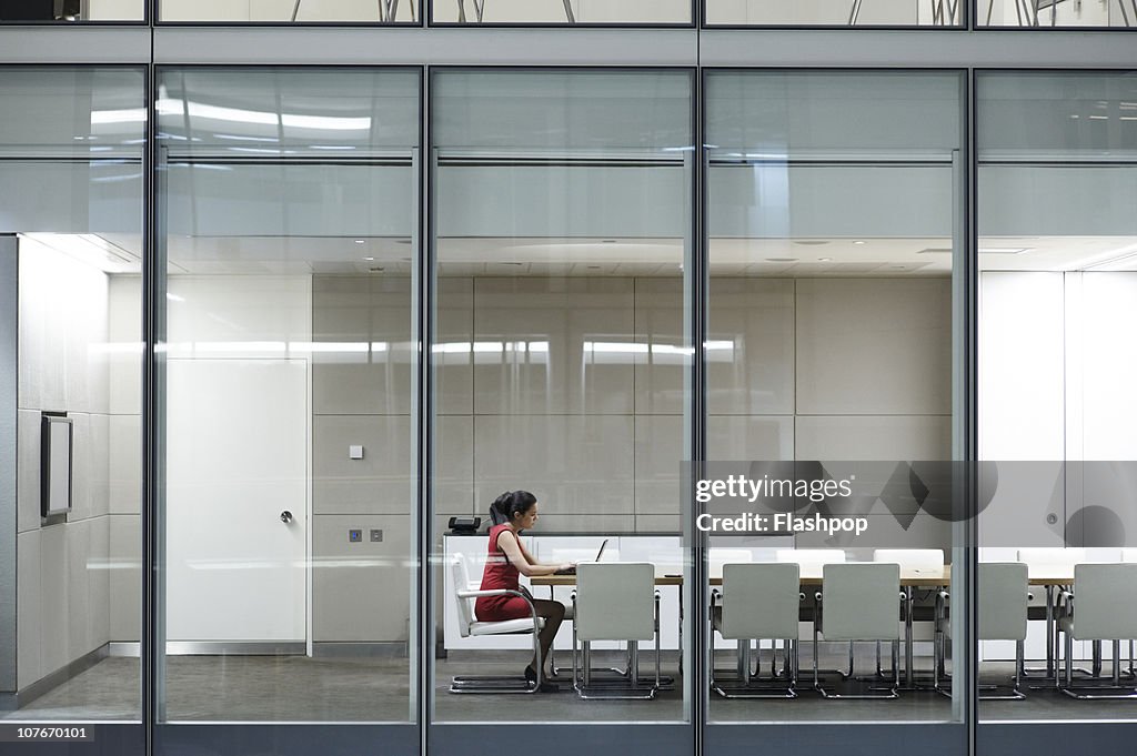 Portrait of business woman working late