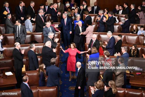 Incoming House Speaker Nancy Pelosi, D-CA, arrives during the opening session of the 116th Congress at the US Capitol in Washington, DC, January 3,...