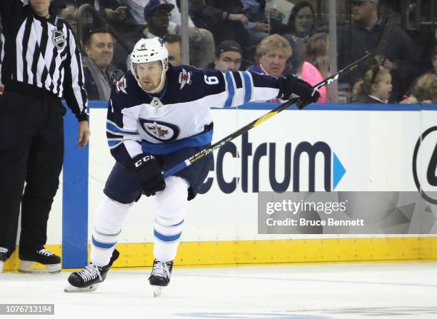 Cameron Schilling of the Winnipeg Jets skates against the New York Rangers at Madison Square Garden on December 02, 2018 in New York City. The Jets...