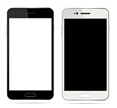 Realistic white and black smartphone with blank touch screen isolated on white background. Vector illustration