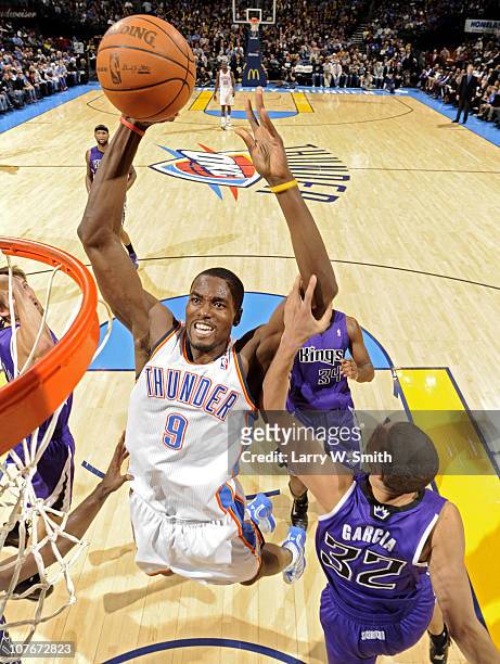 Serge Ibaka of the Oklahoma City Thunder goes to the basket against Francisco Garcia of the Sacramento Kings during the game at the Oklahoma City...