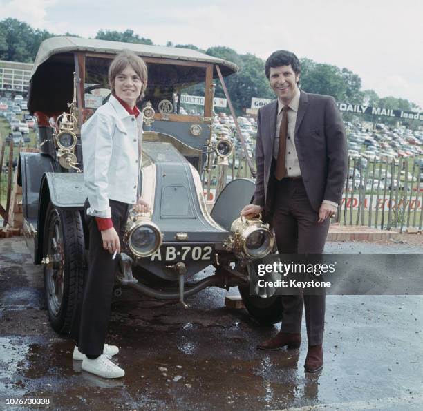 Musician Steve Marriott of rock band the Small Faces with Welsh singer Tom Jones at a pirate radio station at Brands Hatch, England, circa 1965.