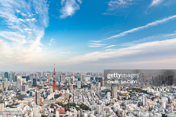 aerial tokyo city view with tokyo tower, minato, tokyo, japan. (day) - 城鎮 個照片及圖片檔
