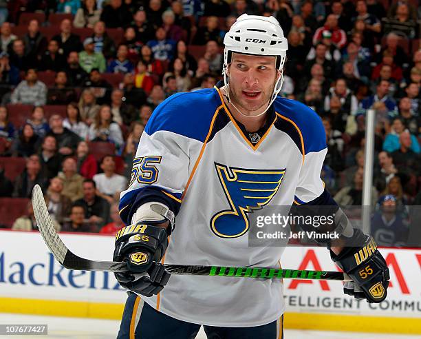 Cam Janssen of the St. Louis Blues skates to the bench during their game against the Vancouver Canucks at Rogers Arena on December 5, 2010 in...