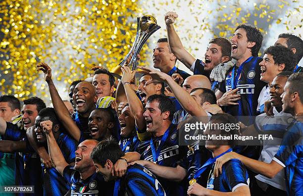 The Inter Milan team celebrate winning the FIFA Club World Cup Final between TP Mazembe Englebert and FC Internazionale Milano at Zayed Sports City...