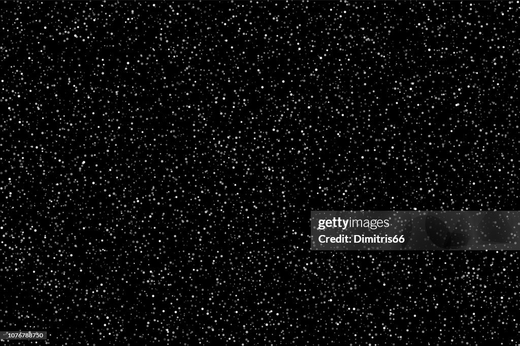 Snö eller stjärnor på natt himmel bakgrund. Flat vector bakgrund