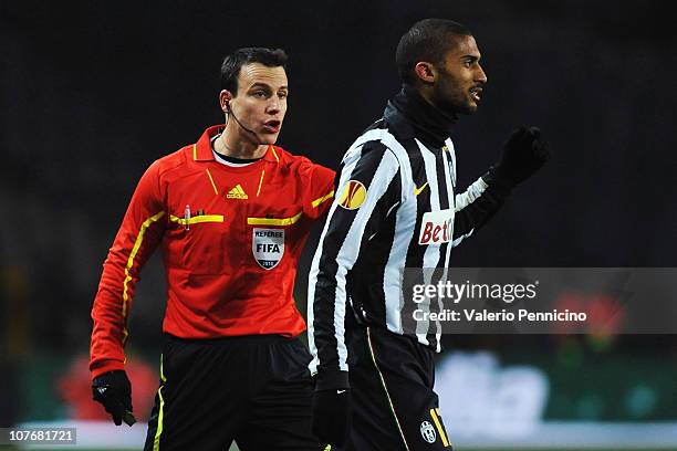 Armand Traore of Juventus FC reacts with referee Istvan Vad during the UEFA Europa League group A match between Juventus FC and Manchester City at...