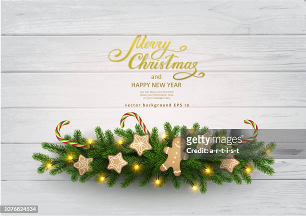 weihnachten hintergrund mit tanne - lichterkette dekoration stock-grafiken, -clipart, -cartoons und -symbole