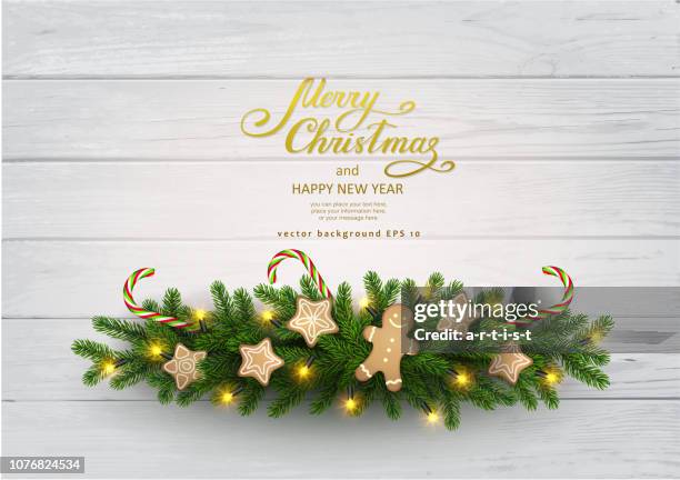 weihnachten hintergrund mit tanne - lichterkette dekoration stock-grafiken, -clipart, -cartoons und -symbole