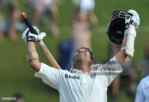 Sachin Tendulkar of India celebrates his 50th Test century during day 4 of the 1st Test match between South Africa and India at SuperSport Park on...