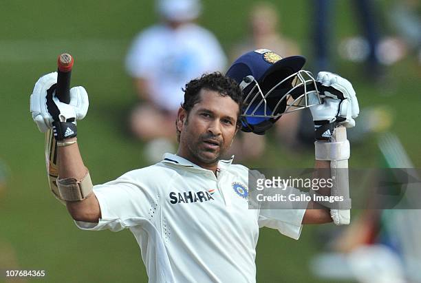 Sachin Tendulkar of India celebrates his 50th Test century during day 4 of the 1st Test match between South Africa and India at SuperSport Park on...