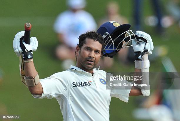 Sachin Tendulkar of India celebrates his 50th Test century during day 4 of the 1st Test match between South Africa and India at SuperSport Park on...