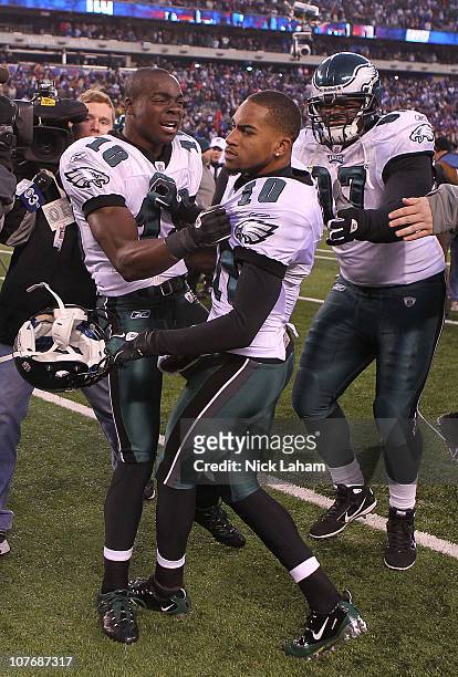 DeSean Jackson of the Philadelphia Eagles celebrates his game winning touchdown with teammates Jeremy Maclin and Brodrick Bunkley against the New...
